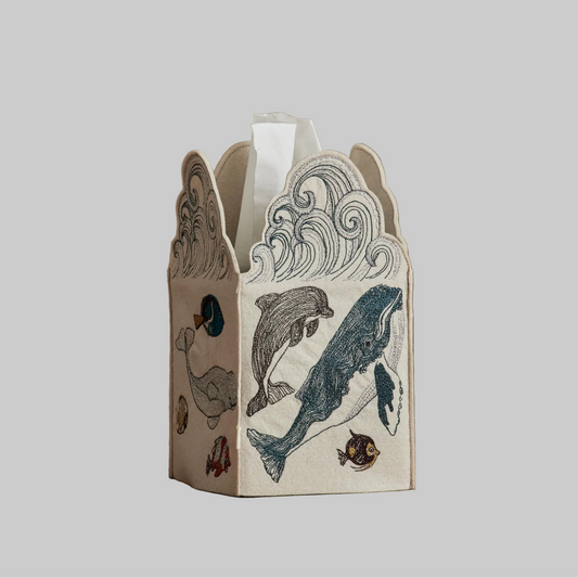 Coral and Tusk's "Swim Team" tissue box cover made of felt and embroidered with ocean animal designs