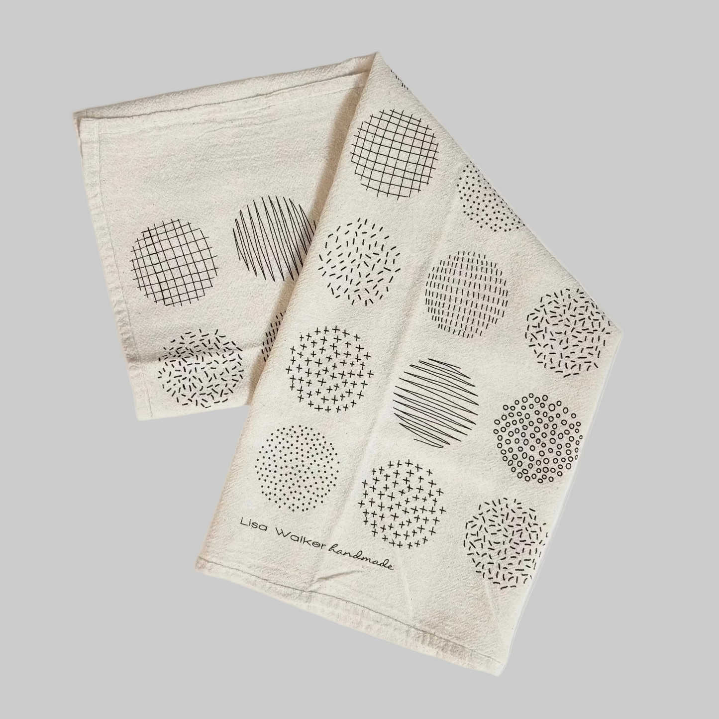 Lisa Walker’s cotton flour sack napkins with screen printed geometric snowball design, made locally in Jackson Hole, WY