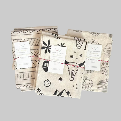 Lisa Walker’s cotton flour sack napkins with screen printed designs inspired by Wyoming, made locally in Jackson Hole, WY