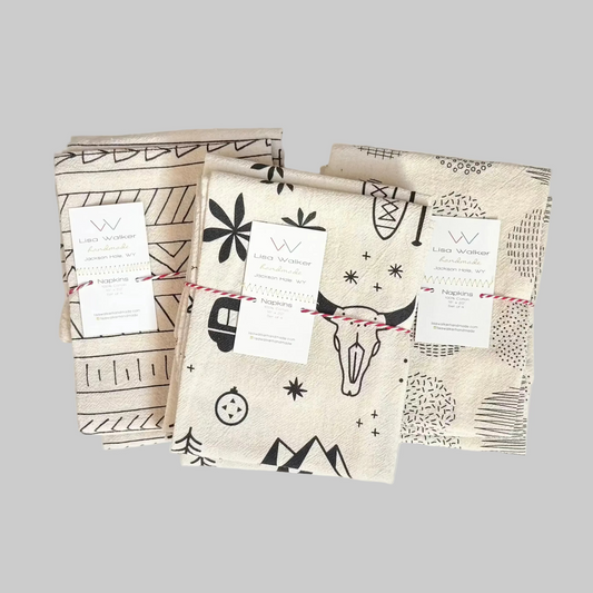 Lisa Walker’s cotton flour sack napkins with screen printed designs inspired by Wyoming, made locally in Jackson Hole, WY