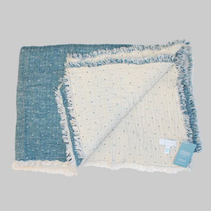 Johanna Howard Home's woven Cozi Throw blanket in teal, made of cotton, wool, and nylon.