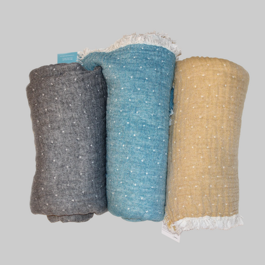 Johanna Howard Home's woven Cozi Throw blankets made of cotton, wool, and nylon.