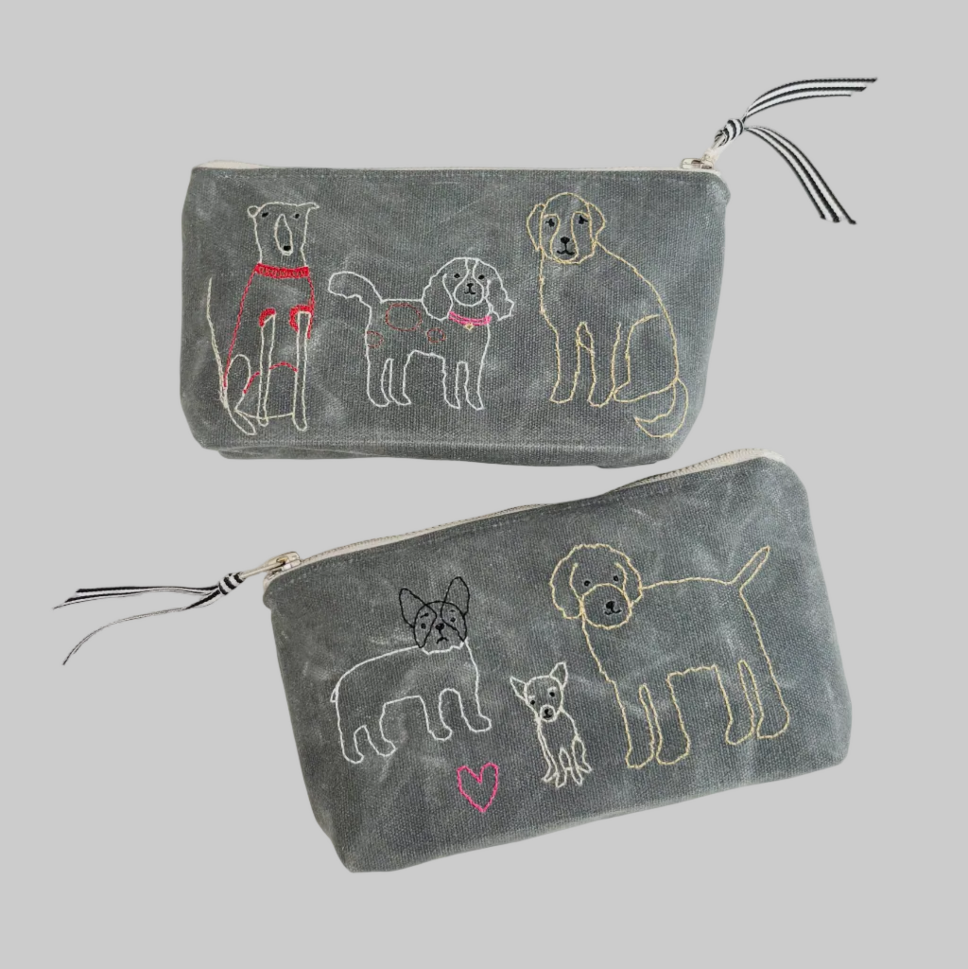 K. Studio’s waxed canvas pouches with embroidered dog breed designs and metal zippers