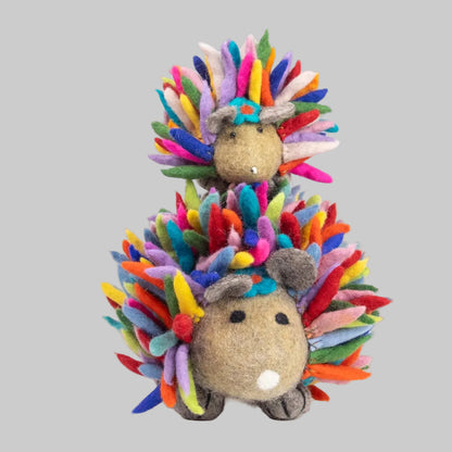Felted hedgehogs with rainbow quills from The Winding Road. Fair trade and made of 100% wool.