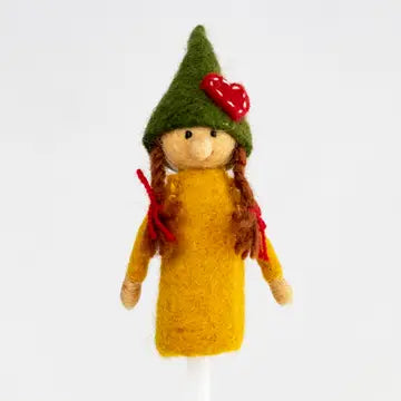 The Winding Road's handmade gnome wool-felted finger puppet, fair trade