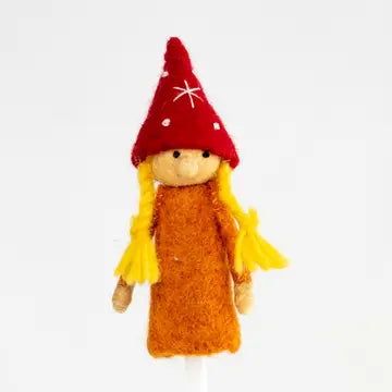 The Winding Road's handmade gnome wool-felted finger puppet, fair trade