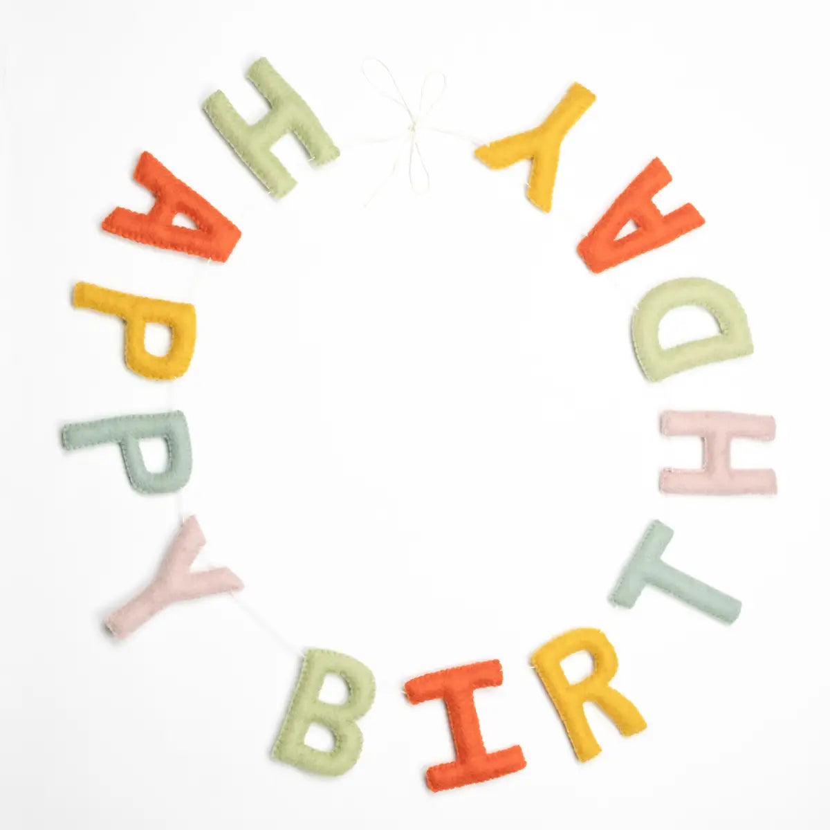 Wool-felted garland from The Winding Road featuring multi color “Happy Birthday” letters, use for house decor or kids room