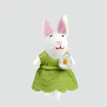 The Winding Road’s wool-felted bunny finger puppet wearing a green dress