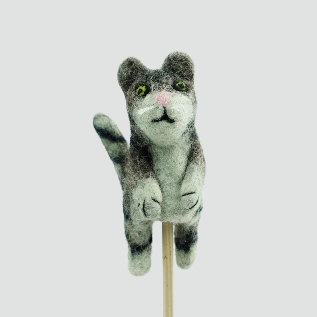 The Winding Road’s wool-felted gray tabby finger puppet