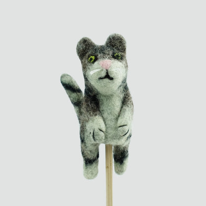 The Winding Road’s wool-felted gray tabby finger puppet