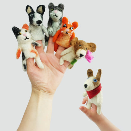 The Winding Road’s wool felted cat and dog finger puppets