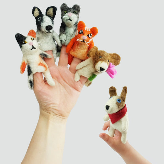 The Winding Road’s wool felted cat and dog finger puppets