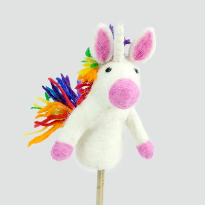 The Winding Road’s wool-felted rainbow unicorn finger puppet, fair trade