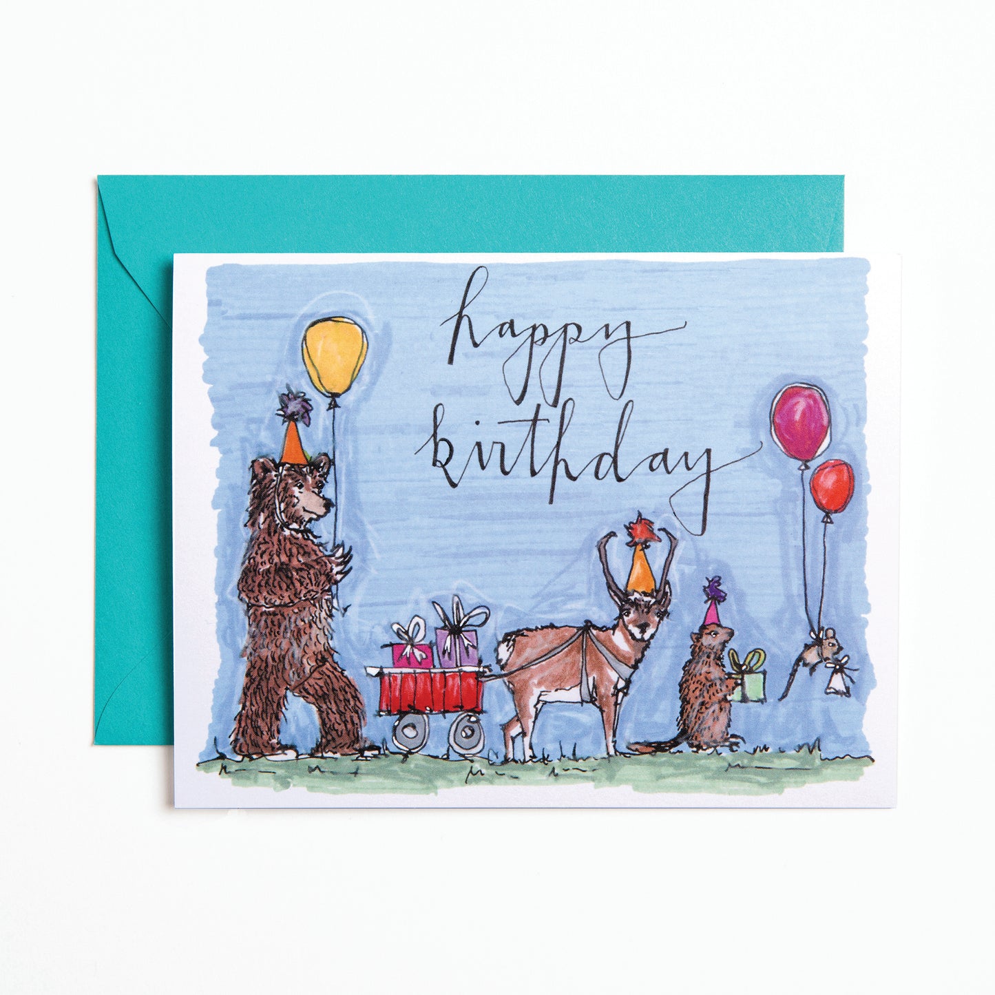 Bird and Buffalo greeting cards featuring an animal parade design with "happy birthday" text inspired by Jackson Hole, WY