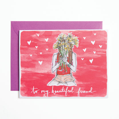 Bird and Buffalo greeting cards featuring girl holding a bouquet design with "to my beautiful friend" text inspired by Jackson Hole, WY