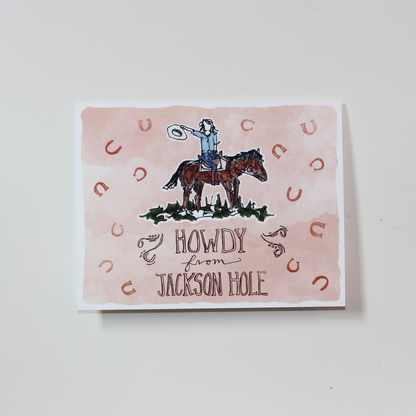 Bird and Buffalo greeting cards featuring cowgirl design with "howdy from Jackson Hole" text inspired by Jackson Hole, WY