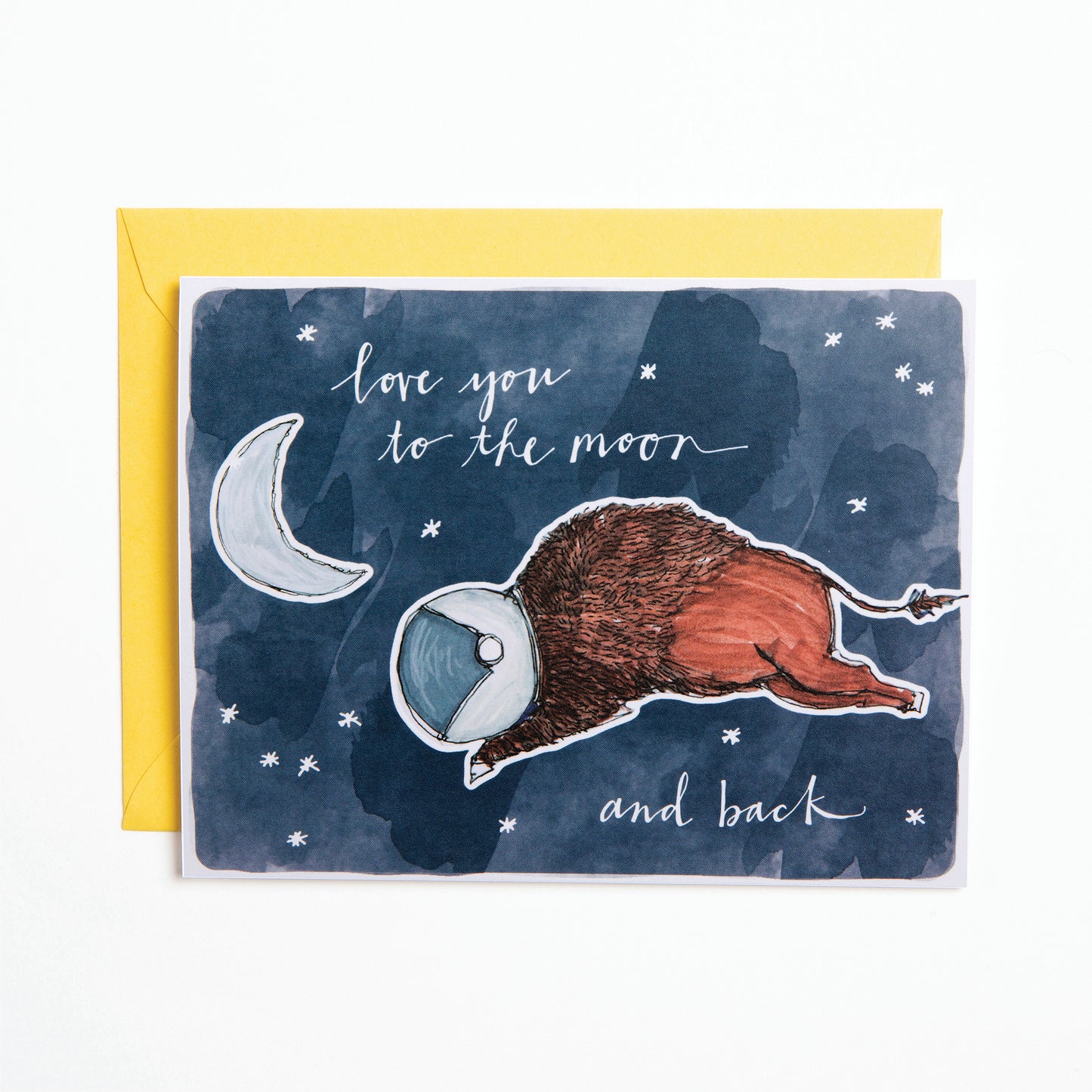 Bird and Buffalo greeting cards featuring a bison in space design with "I love you to the moon and back" text inspired by Jackson Hole, WY