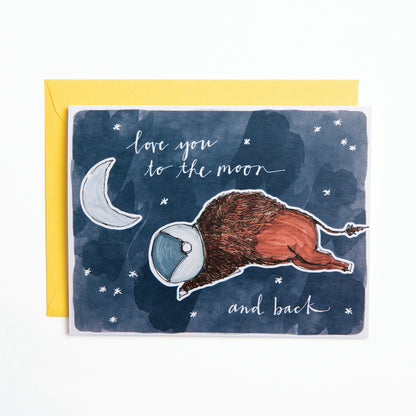 Bird and Buffalo greeting cards featuring a bison in space design with "I love you to the moon and back" text inspired by Jackson Hole, WY