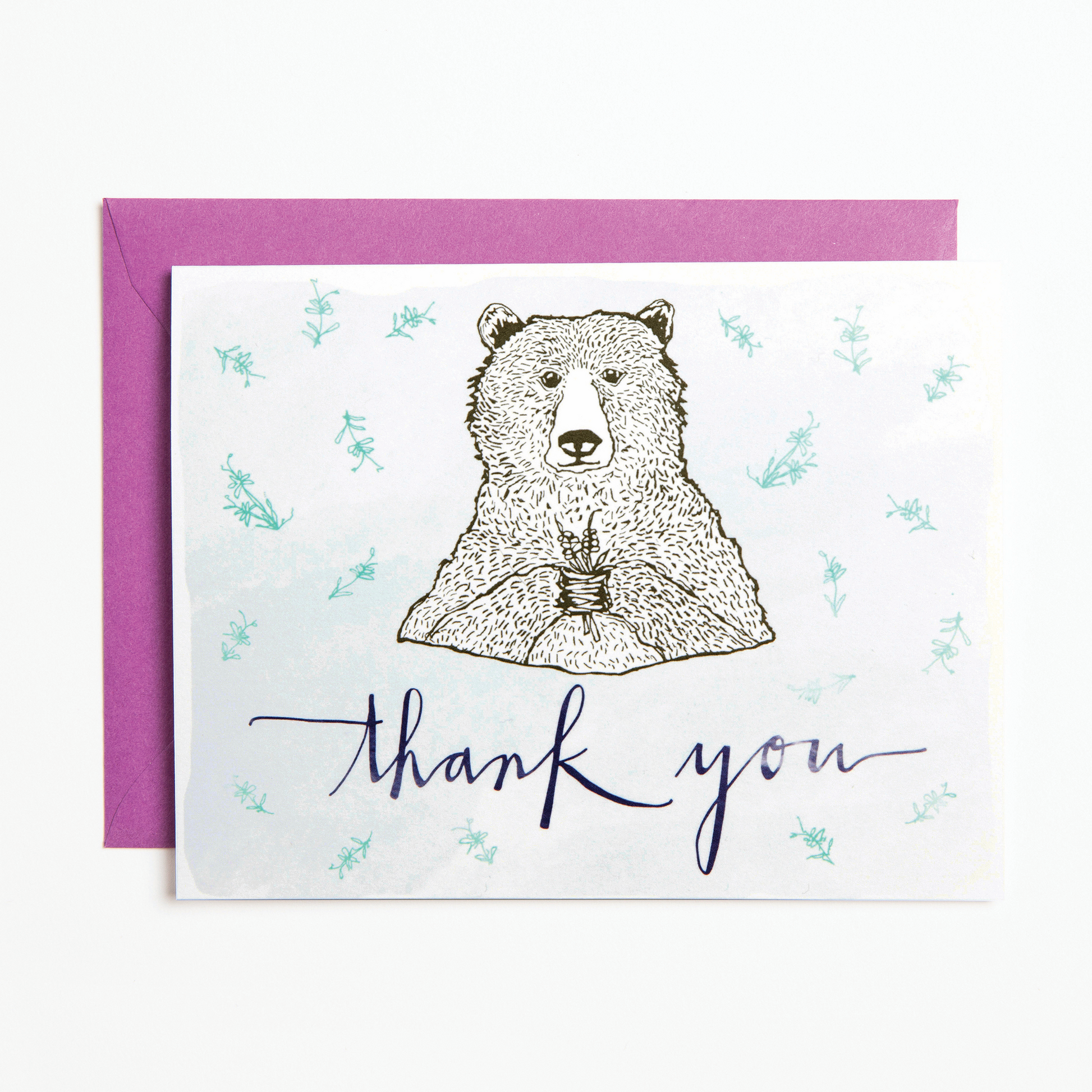 Bird and Buffalo greeting cards featuring bear holding flowers design with "thank you" text inspired by Jackson Hole, WY 