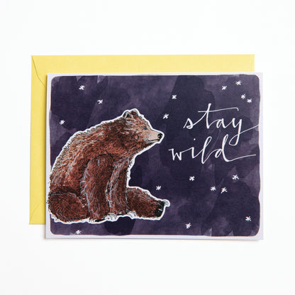 Bird and Buffalo greeting cards featuring bear and night sky design with "stay wild" text inspired by Jackson Hole, WY