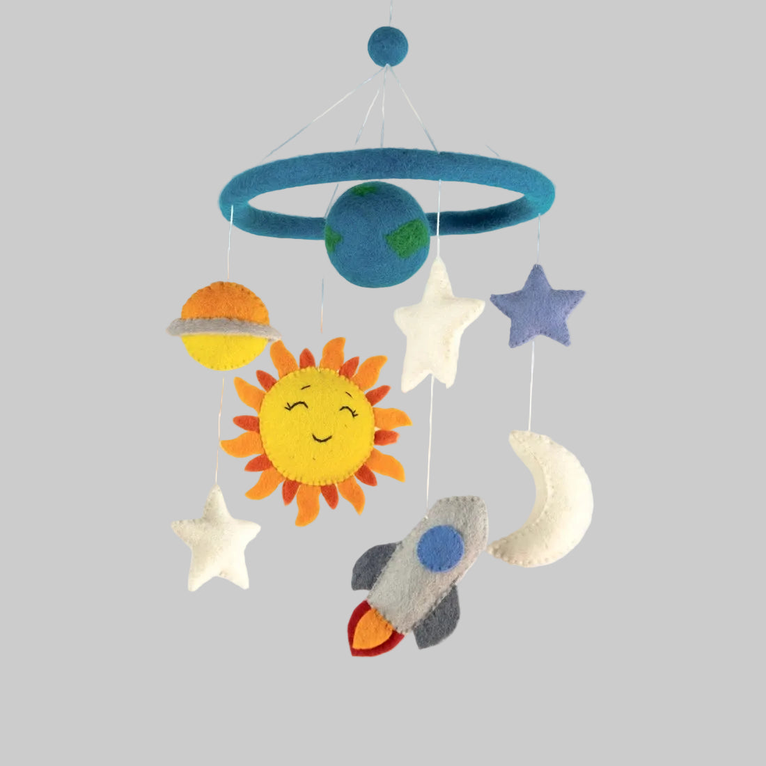 The Winding Road's hand-felted baby mobile featuring an outer space design with planets, stars, and a rocket. Fair trade. 