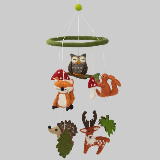 The Winding Road’s wool-felted baby mobile with fox, squirrel, deer, hedgehog, owl, and mushrooms, handmade and fair trade 