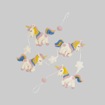 Wool-felted garland from The Winding Road featuring pastel unicorns, use for house decor or kids room