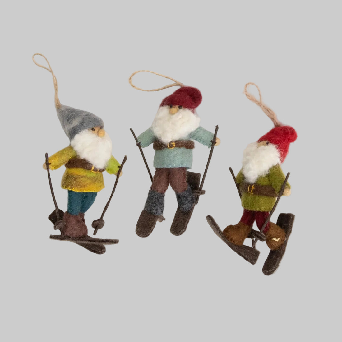 The Winding Road's wool-felted ornaments featuring gnomes on skis. Handmade and fair trade.
