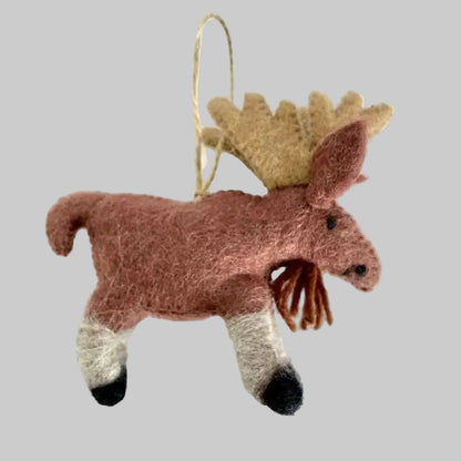 The Winding Road's wool-felted ornaments featuring moose design. Handmade and fair trade.