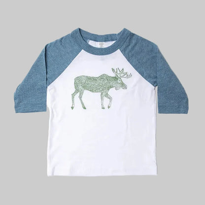 Bird and Buffalo’s kids baseball tee with blue sleeves and a moose design, locally made in Jackson Hole, WY