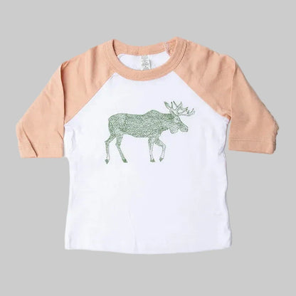 Bird and Buffalo’s kids baseball tee with pink sleeves and a moose design, locally made in Jackson Hole, WY