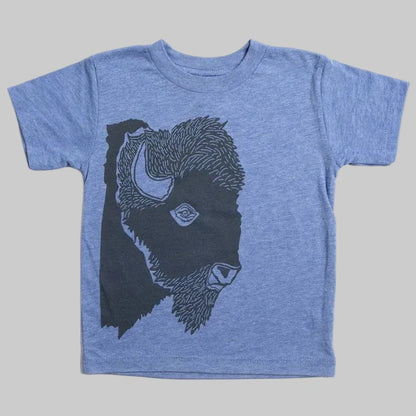Bird and Buffalo’s kid’s t-shirt in blue with a bison profile design, locally made in Jackson Hole, WY