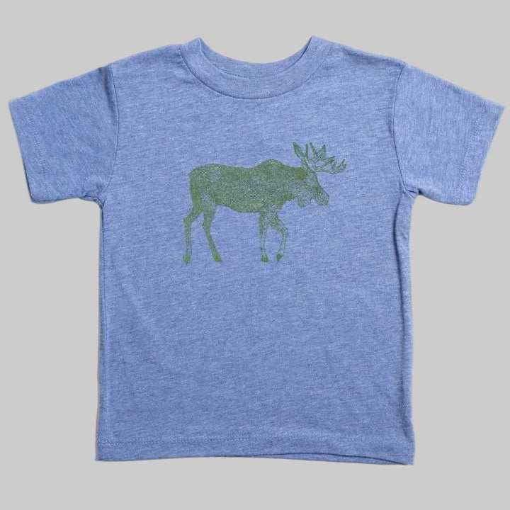 Bird and Buffalo’s kid’s t-shirt in blue with a green moose design, locally made in Jackson Hole, WY