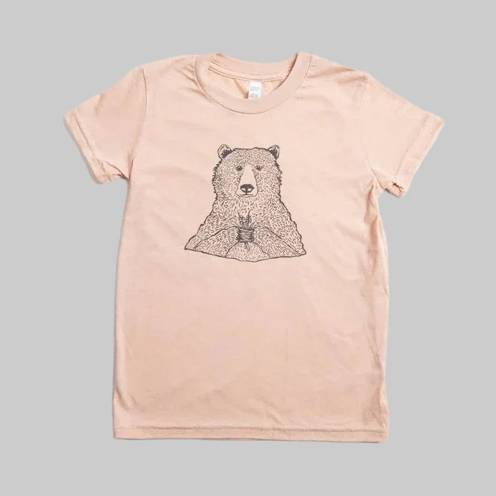Bird and Buffalo’s kid’s t-shirt in pink with a bear holding flowers design, locally made in Jackson Hole, WY