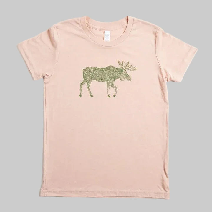 Bird and Buffalo’s kid’s t-shirt in pink with a green moose design, locally made in Jackson Hole, WY