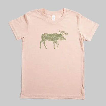 Bird and Buffalo’s kid’s t-shirt in pink with a green moose design, locally made in Jackson Hole, WY