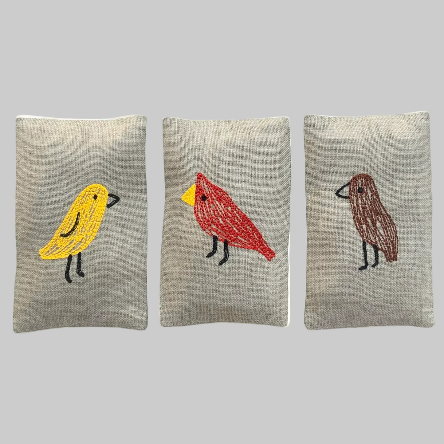 K. Studio’s lavender sachets embroidered with backyard bird designs