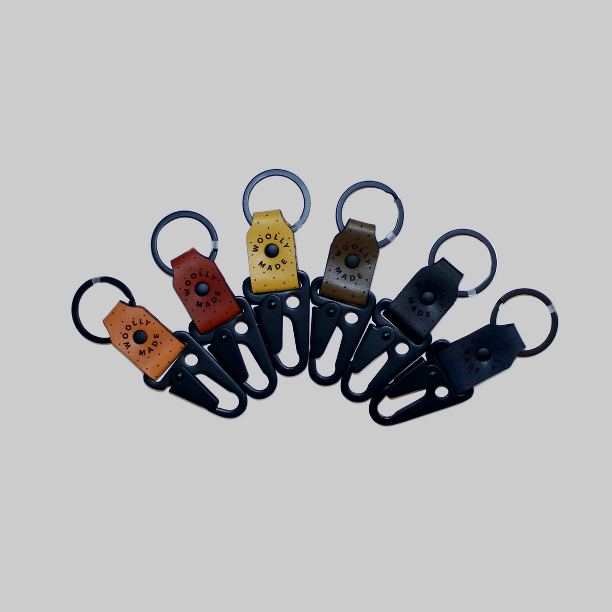 Woolly Made's leather clip keychains. Comes in several earth tone colors.