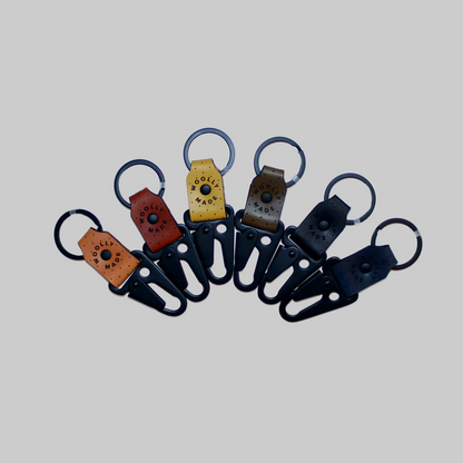 Woolly Made's leather clip keychains. Comes in several earth tone colors.