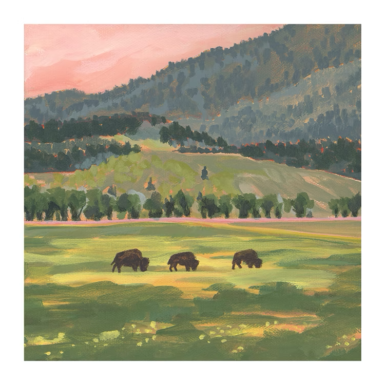 A.T. Patterson’s art print titled “Bison Grazing” featuring a green field with three bison