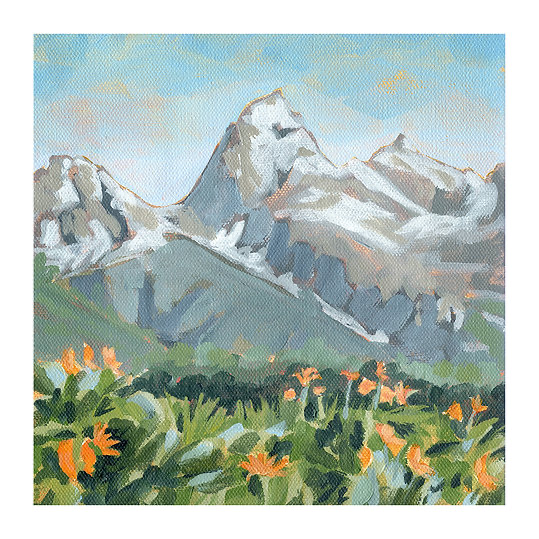 A.T. Patterson’s art print titled “Bright Days” featuring the Teton mountains and a field of wild flowers