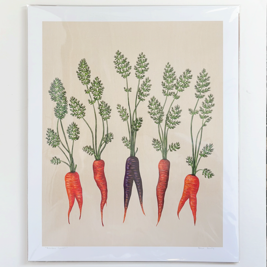 Becca Bouley’s “Rainbow Carrots” art print featuring a group of natural carrots in varying colors, local to Jackson, WY