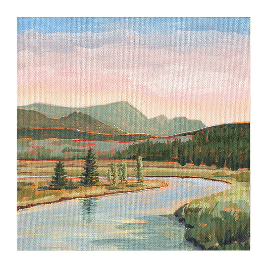 A.T. Patterson’s art print titled “Going With the Flow” featuring a winding river through a sunset mountain scene 