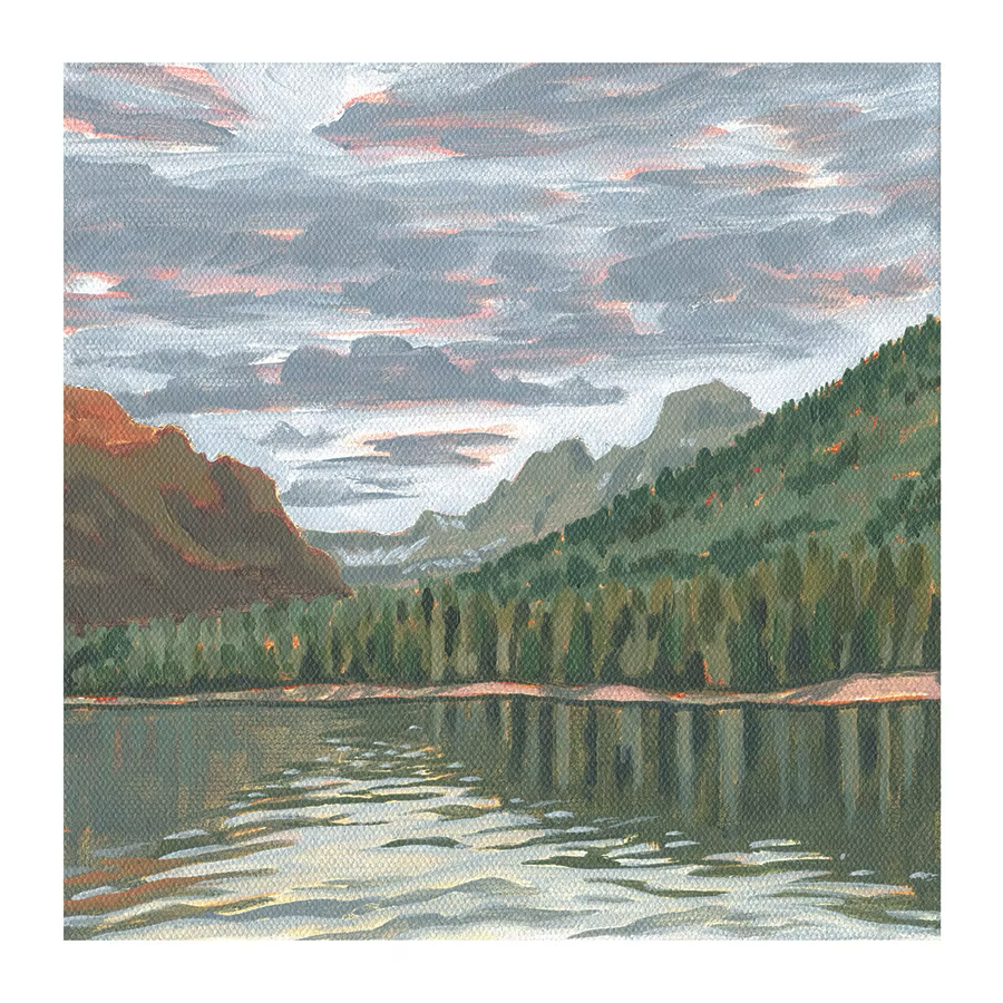 A.T. Patterson’s art print titled “Evening at Hyalite” featuring a mountain lake and towering peaks