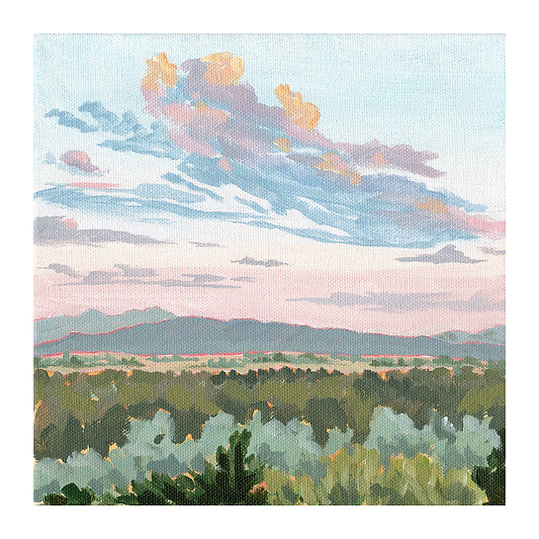 A.T. Patterson’s art print titled “Pastel Skies” featuring a field of sagebrush during a pink sunset