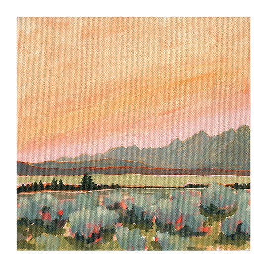 A.T. Patterson’s art print titled “Peachy and Sage” featuring a colorful sunset behind a mountain range and fields of sagebrush 