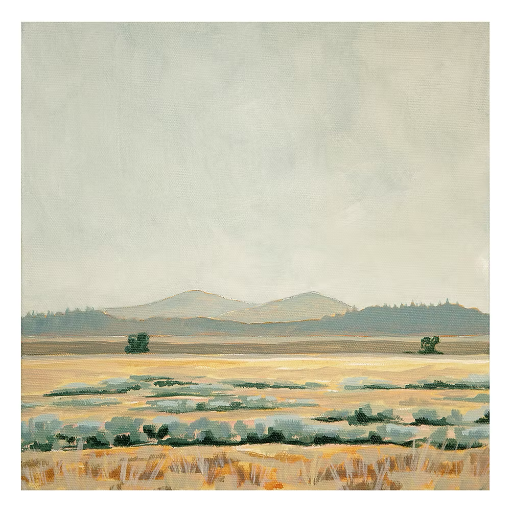 A.T. Patterson’s art print titled “Golden Prairie” featuring open fields and rolling hills in neutral greens and tans