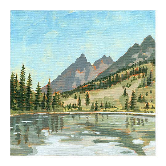 A.T. Patterson’s art print titled “Reflecting” featuring a jagged mountain towering over a clear lake