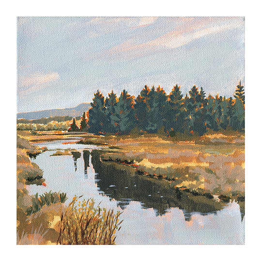 A.T. Patterson’s art print titled “Between Seasons” featuring a river reflecting changing scenery of trees and grasses