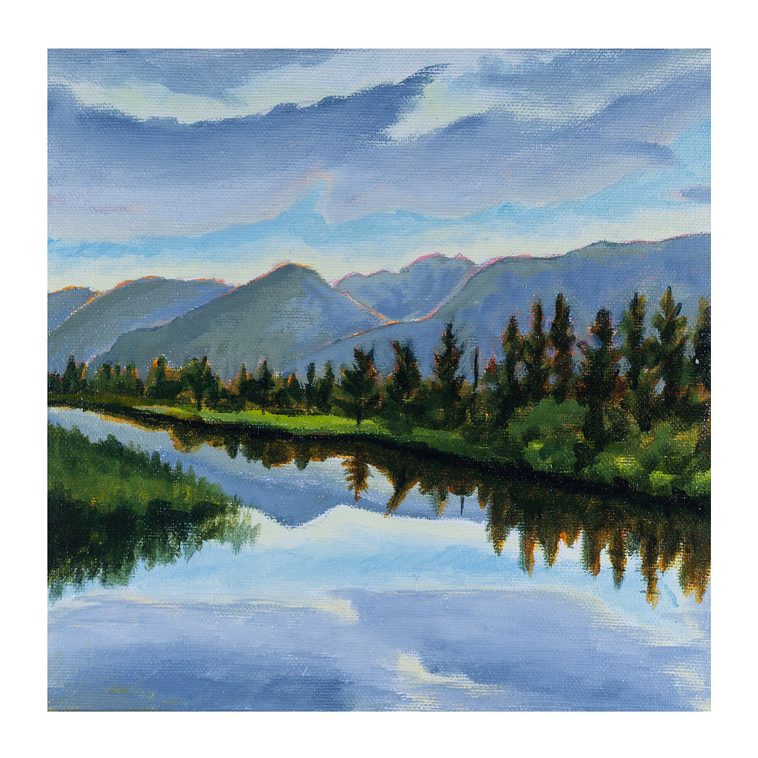 A.T. Patterson’s art print titled “Swan” featuring a reflective river running through blue mountains